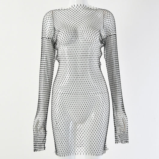 Vestido Largo de Manga Transparente con Diamantes Brillantes - Image 14