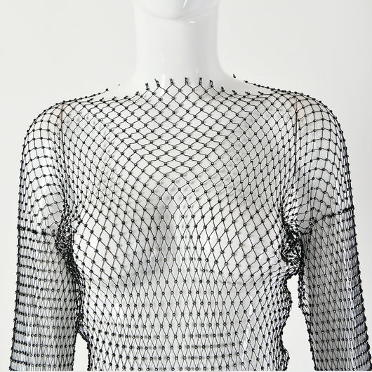 Vestido Largo de Manga Transparente con Diamantes Brillantes - Image 8