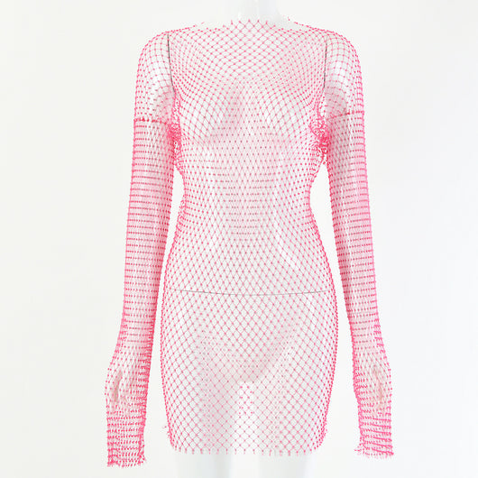 Vestido Largo de Manga Transparente con Diamantes Brillantes - Image 7