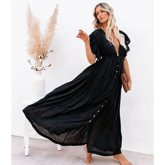 Vestido Largo Elegante con Cuello de Loto y Mangas - Image 8