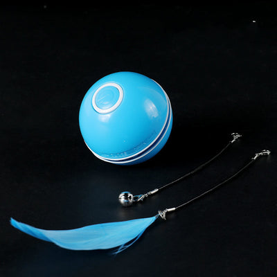 White automatic cat toy ball with a power button, shown with detachable feather and bell attachments. - Image 7