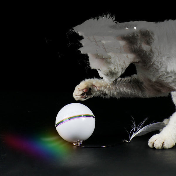 White automatic cat toy ball with a power button, shown with detachable feather and bell attachments.