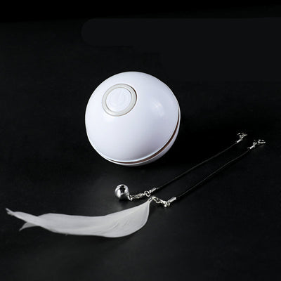 White automatic cat toy ball with a power button, shown with detachable feather and bell attachments. - Image 2