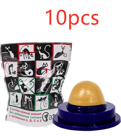 Two pet cat energy ball lick toys with catnip, one with a green base and orange pouch, the other with a blue base and black pouch. - Image 12