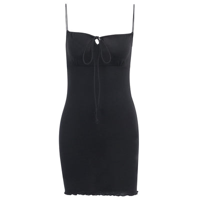 Vestido Mini Bandage Negro de Algodón con Tirantes Finos y Volantes - Image 8