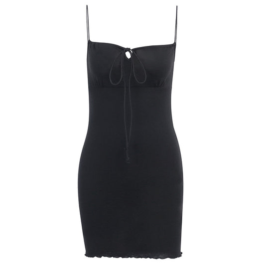 Vestido Mini Bandage Negro de Algodón con Tirantes Finos y Volantes - Image 8