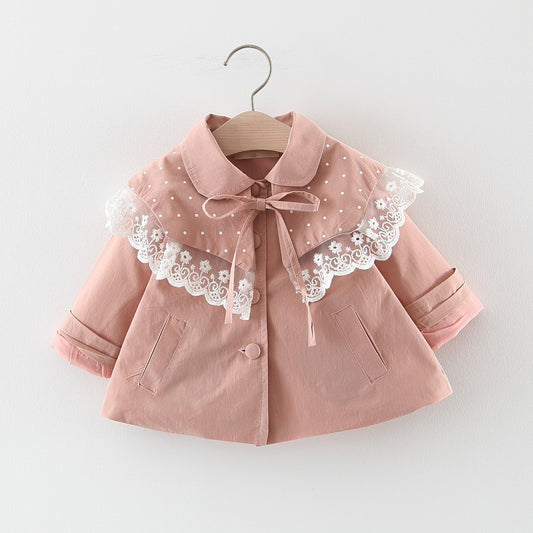 Chaqueta Trench Coat Estilo Coreano con Encaje para Niñas