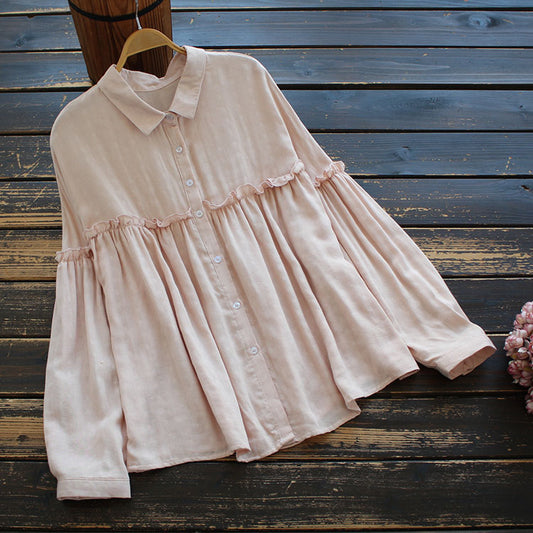Blusa Camisera Larga Coreana para Mujer con Detalles en Madera