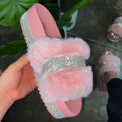 Pantuflas Peludas con Suela Gruesa y Brillantes para Mujer Talla Grande
