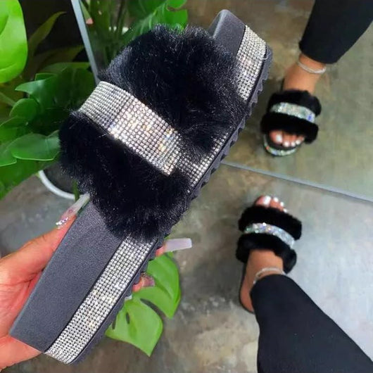 Pantuflas Peludas con Suela Gruesa y Brillantes para Mujer Talla Grande - Image 3