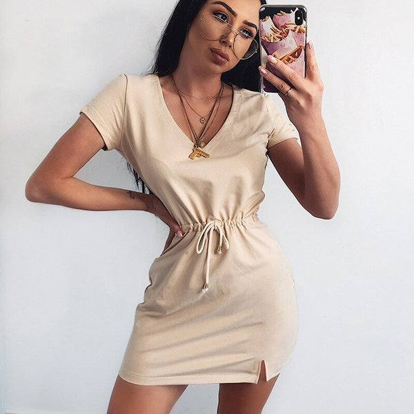 Vestido Falda de Manga Corta con Cinturón de Cordón