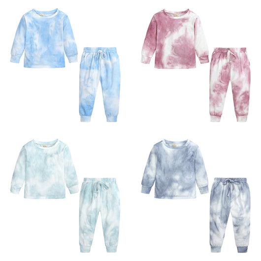 Kids' light blue and white tie-dye long-sleeve top and matching pants set, made from soft cotton.