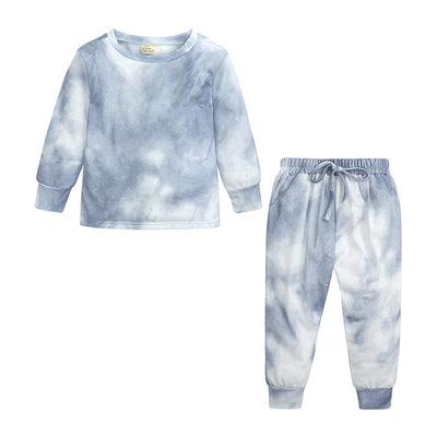 Kids' light blue and white tie-dye long-sleeve top and matching pants set, made from soft cotton. - Image 5