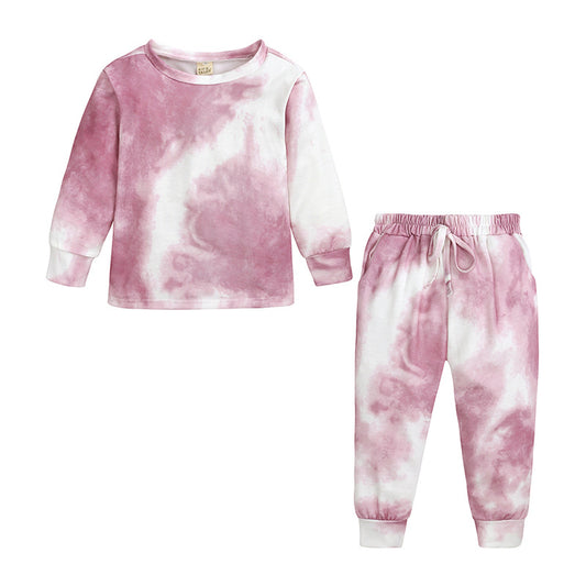 Kids' light blue and white tie-dye long-sleeve top and matching pants set, made from soft cotton. - Image 2
