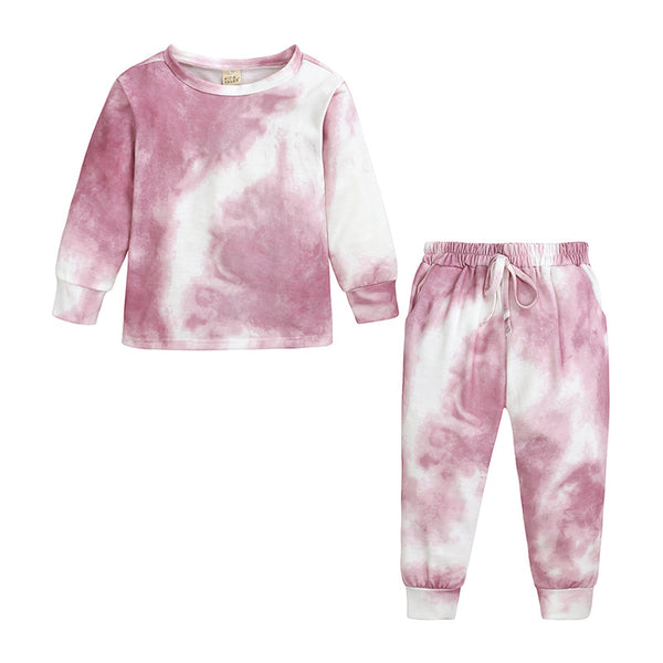 Kids' light blue and white tie-dye long-sleeve top and matching pants set, made from soft cotton. - Image 2