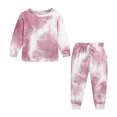 Kids' light blue and white tie-dye long-sleeve top and matching pants set, made from soft cotton. - Image 2