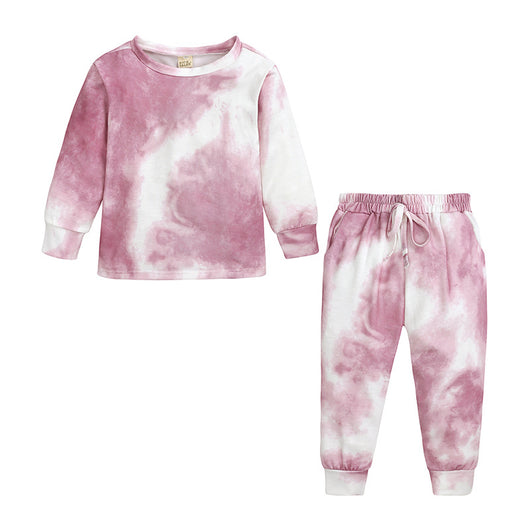 Kids' light blue and white tie-dye long-sleeve top and matching pants set, made from soft cotton. - Image 2