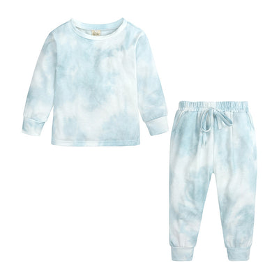 Kids' light blue and white tie-dye long-sleeve top and matching pants set, made from soft cotton. - Image 3