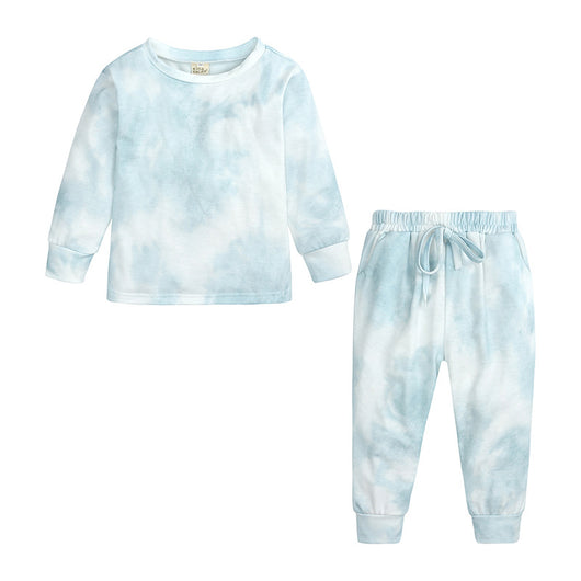 Kids' light blue and white tie-dye long-sleeve top and matching pants set, made from soft cotton. - Image 3