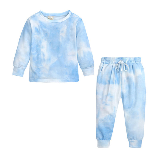 Kids' light blue and white tie-dye long-sleeve top and matching pants set, made from soft cotton. - Image 4