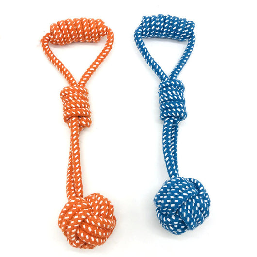 Three colorful cotton rope pet molar toys with handles and knotted balls in pink, orange, and blue. - Image 6
