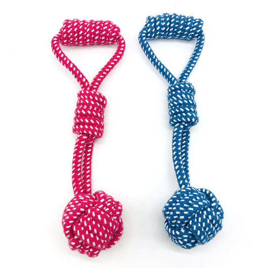 Three colorful cotton rope pet molar toys with handles and knotted balls in pink, orange, and blue. - Image 7