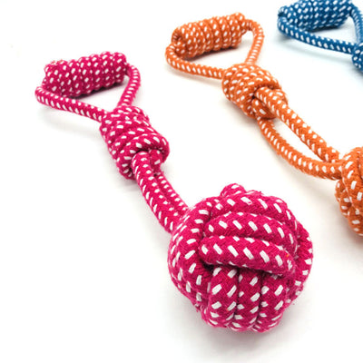 Three colorful cotton rope pet molar toys with handles and knotted balls in pink, orange, and blue. - Image 9