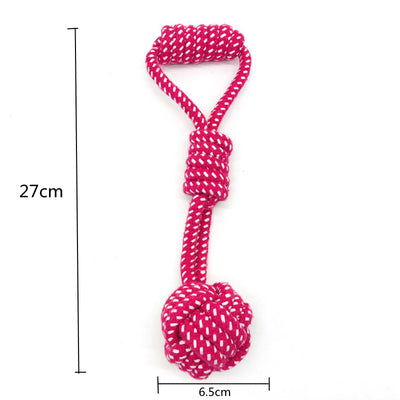 Three colorful cotton rope pet molar toys with handles and knotted balls in pink, orange, and blue. - Image 8