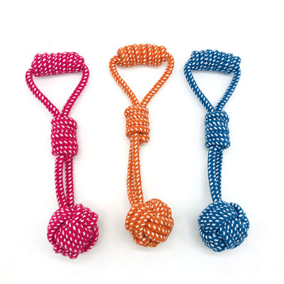 Three colorful cotton rope pet molar toys with handles and knotted balls in pink, orange, and blue. - Image 10