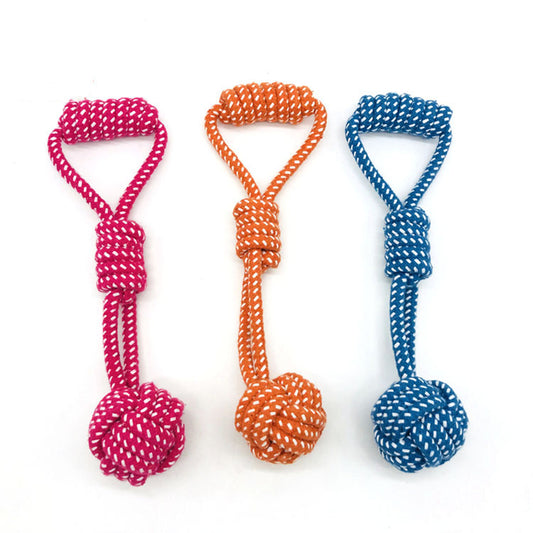 Three colorful cotton rope pet molar toys with handles and knotted balls in pink, orange, and blue.