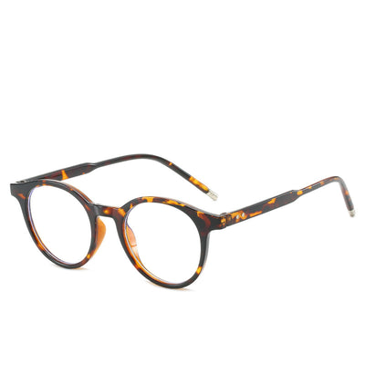 Round tortoise-patterned anti-blue light glasses with clear lenses, shown with a black zippered hard case. - Image 12
