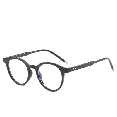 Round tortoise-patterned anti-blue light glasses with clear lenses, shown with a black zippered hard case. - Image 14