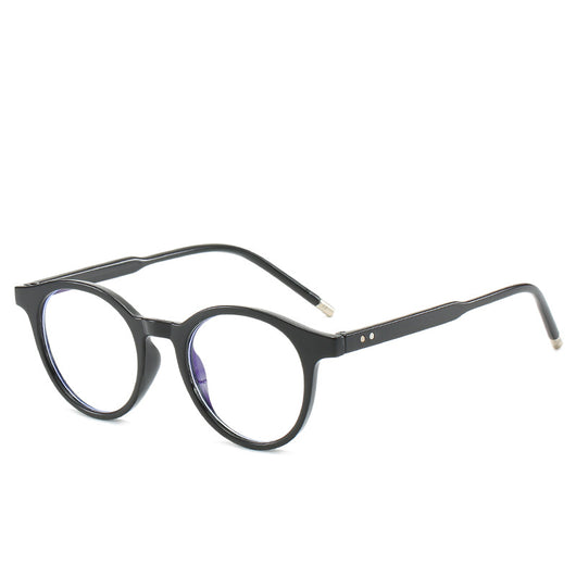 Round tortoise-patterned anti-blue light glasses with clear lenses, shown with a black zippered hard case. - Image 14