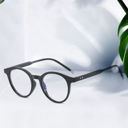 Round tortoise-patterned anti-blue light glasses with clear lenses, shown with a black zippered hard case.