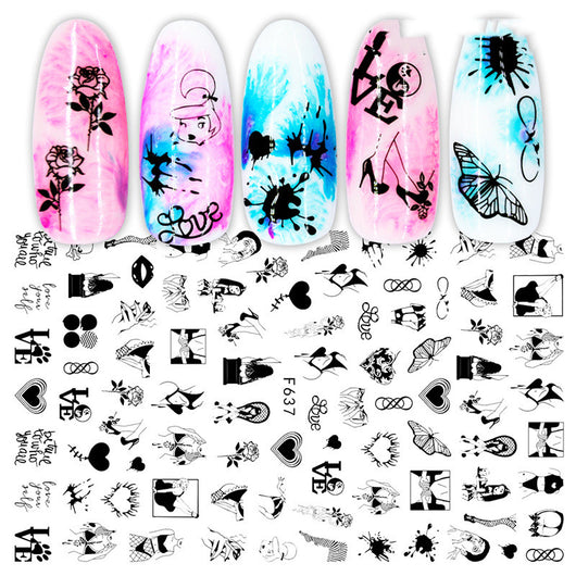 Calcomanías de Uñas Geométricas Floral Blanco y Negro