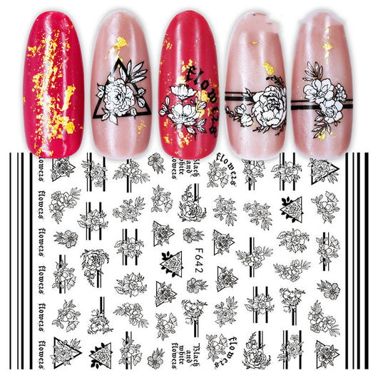 Calcomanías de Uñas Geométricas Floral Blanco y Negro - Image 8