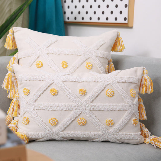 Funda de Almohada Geométrica Bordada a Mano con Borlas