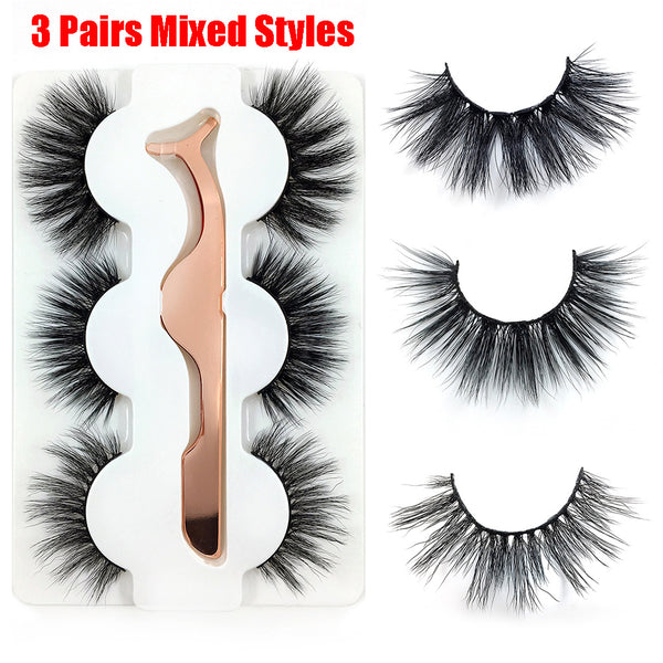 3 Pares de Pestañas Postizas 6D Cabello de Visón Natural - Gruesas y Finas con Pinzas