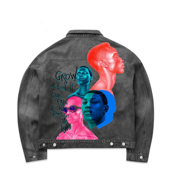 Chaqueta Denim Oversized Vaporwave con Estampado Graffiti - Tallas Grandes