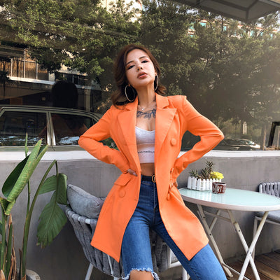 Blazer Doble Botonadura Manga Larga Color Sólido para Mujer