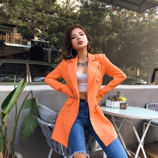 Blazer Doble Botonadura Manga Larga Color Sólido para Mujer