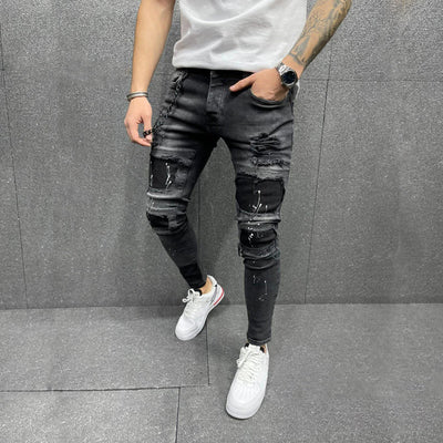 Pantalones Skinny Rotos con Parches Elásticos para Hombre - Image 8