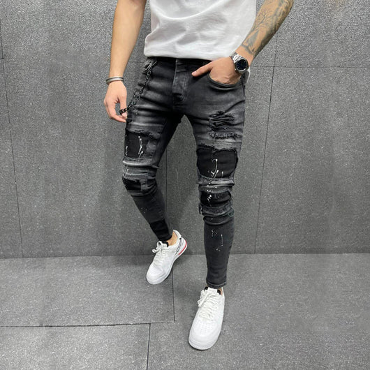 Pantalones Skinny Rotos con Parches Elásticos para Hombre - Image 8
