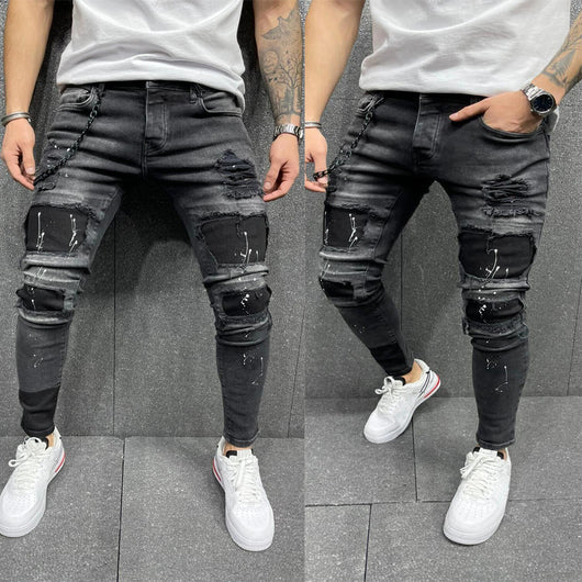 Pantalones Skinny Rotos con Parches Elásticos para Hombre - Image 11