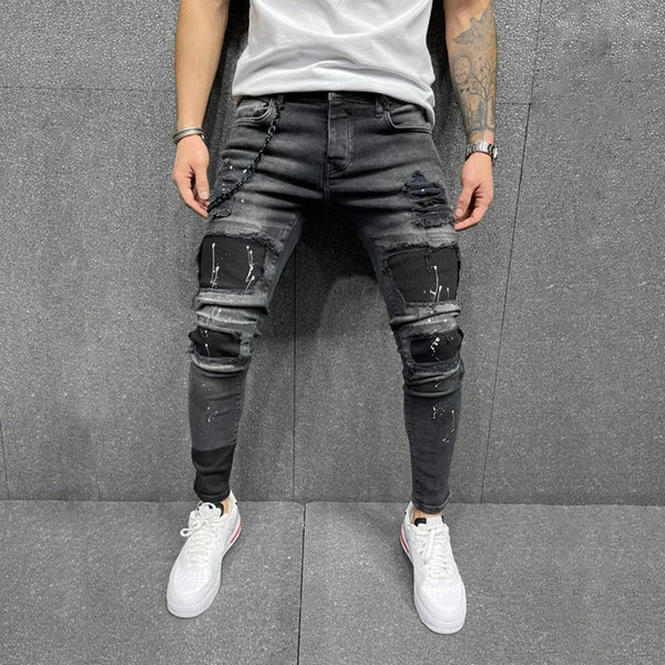 Pantalones Skinny Rotos con Parches Elásticos para Hombre