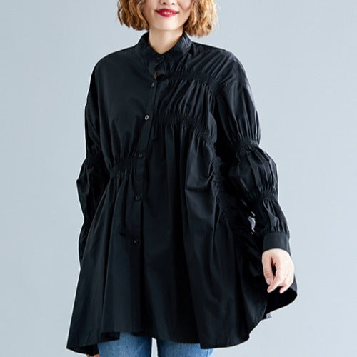 Camisa Western Oversized de Manga Larga con Cuello Parado y Diseño Asimétrico