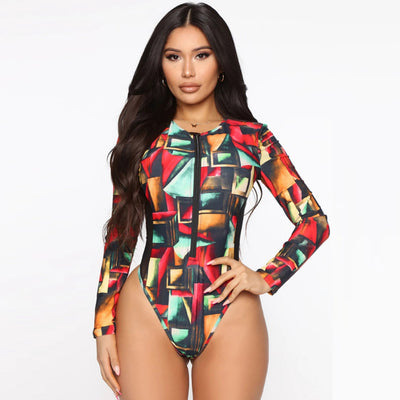 Traje de Baño Enterizo Manga Larga con Estampado