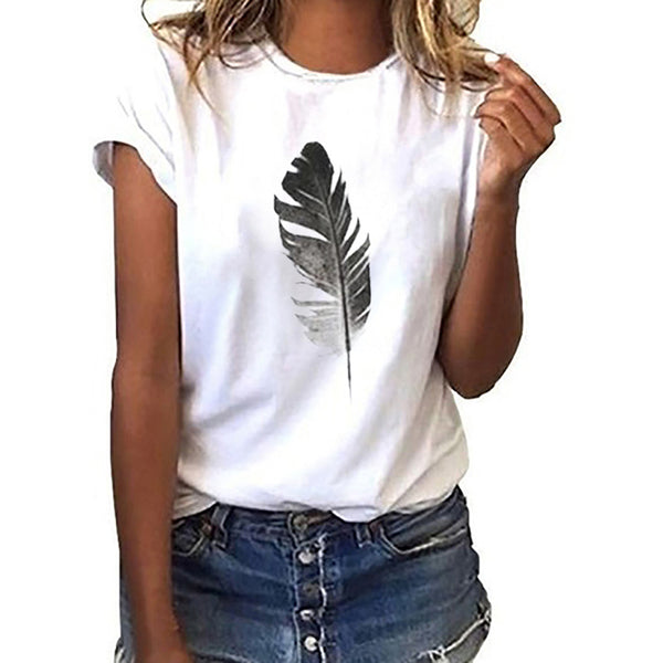 Playera Casual con Estampado de Pluma - Manga Corta Cómoda