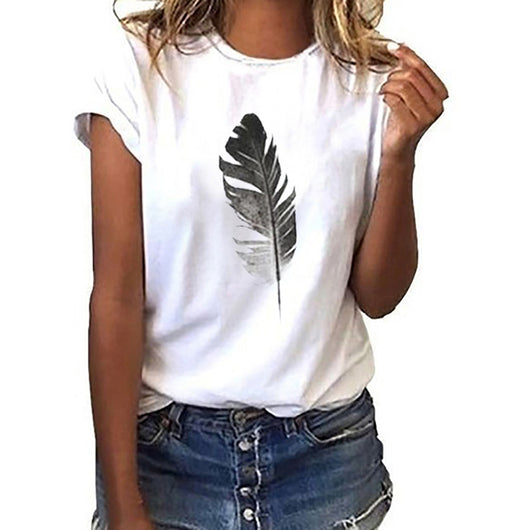 Playera Casual con Estampado de Pluma - Manga Corta Cómoda