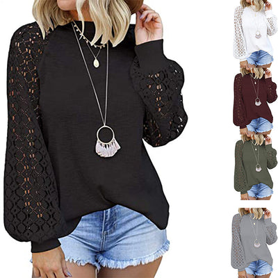 Blusa de Encaje con Cuello Redondo y Mangas Largas para Mujer